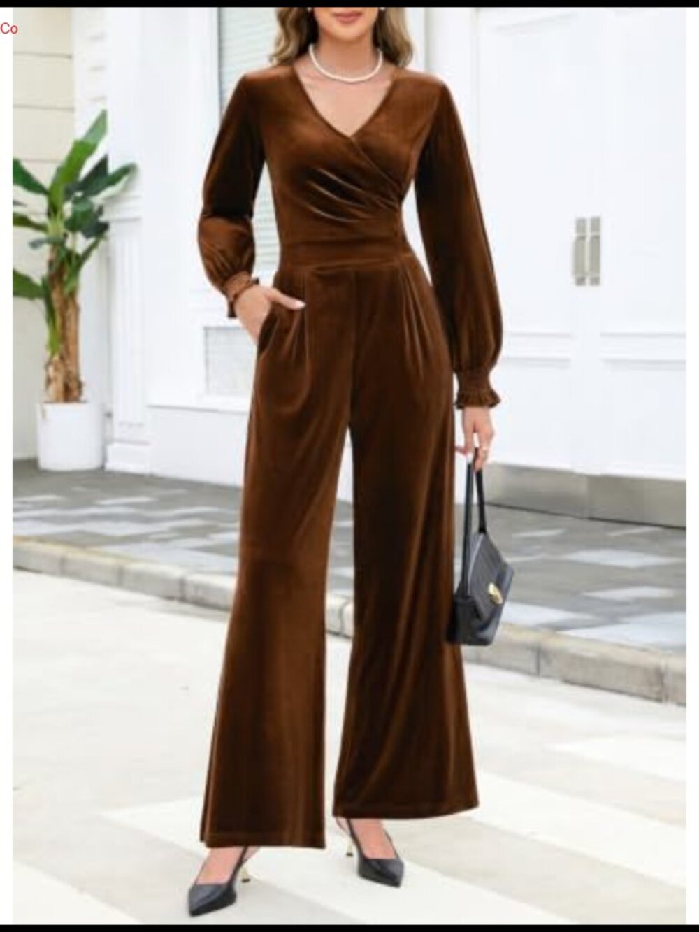 Velvet V-Neck Long Sleeve Wide Leg Jumpsuit with Pockets - Picture 2 of 6